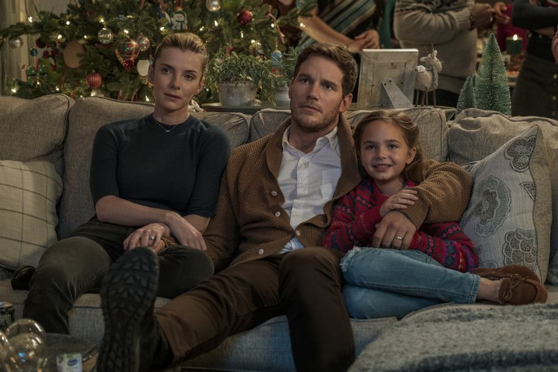 Betty Gilpin, Chris Pratt and Ryan Kiera Armstrong in "The Tomorrow War," largely shot in Georgia and Iceland and to be released July 2 on Amazon Prime. AMAZON PRIME.