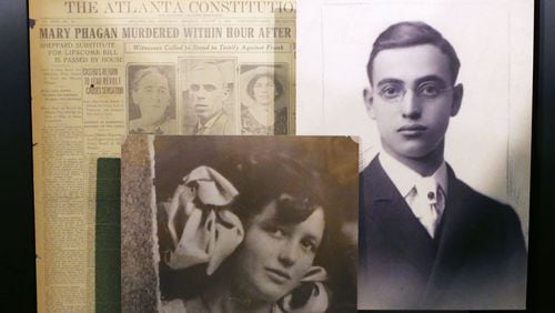 These newspaper pages and photos of Leo Frank and Mary Phagan are on display at the Southern Museum of Civil War & Locomotive History in Kennesaw. A new exhibit, "Seeking Justice: The Leo Frank Case Revisited," starts Monday, the 100th anniversary of Frank's death. AJC photo: BOB ANDRES / BANDRES@AJC.COM