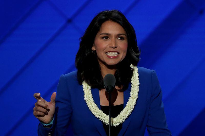  PHILADELPHIA, PA - JULY 26: US representative Tulsi Gabbard (D-HI) on the second day of the Democratic National Convention at the Wells Fargo Center, July 26, 2016 in Philadelphia, Pennsylvania. An estimated 50,000 people are expected in Philadelphia, including hundreds of protesters and members of the media. The four-day Democratic National Convention kicked off July 25. (Photo by Alex Wong/Getty Images)