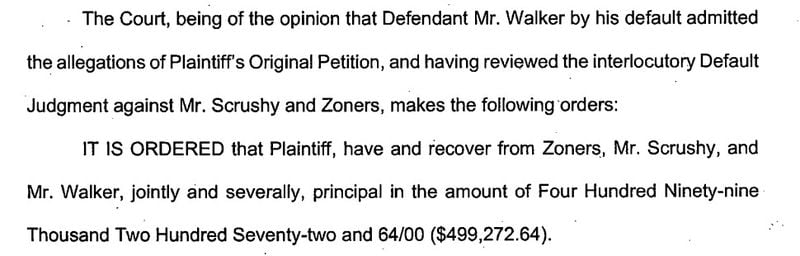 A defaulted judgement against Herschel Walker and business partner Brandon Scrushy on Dec. 28, 2020, in Dallas County Court.