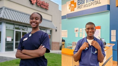 Chantia Fletcher (left) and Elias Dennis are part of the inaugural NextVet Internship, which provides 15 high school students from diverse backgrounds with an immersive opportunity to learn first-hand about careers in companion animal medicine at a local Banfield hospital. Photo courtesy of Banfield Pet Hospital