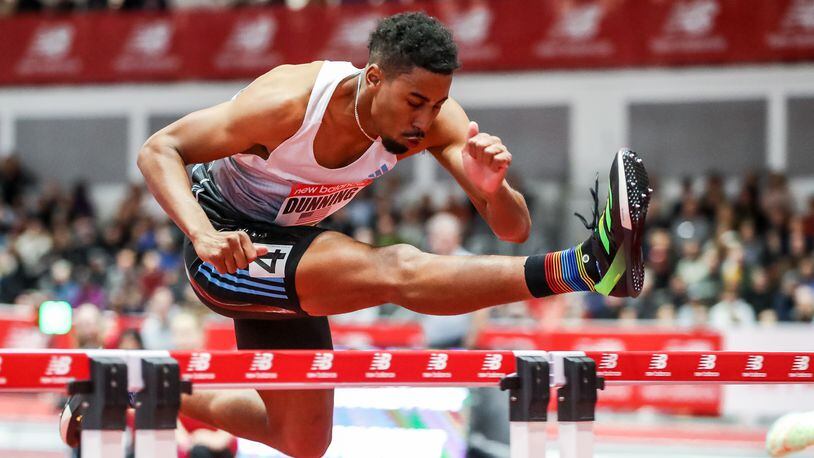 Robert Dunning, a graduate of Kennesaw Mountain High School, takes part in the hurdles at the New Balance Indoor Grand Prix track and field event in Boston, Feb. 3, 2023. (Photo by Kevin Morris)