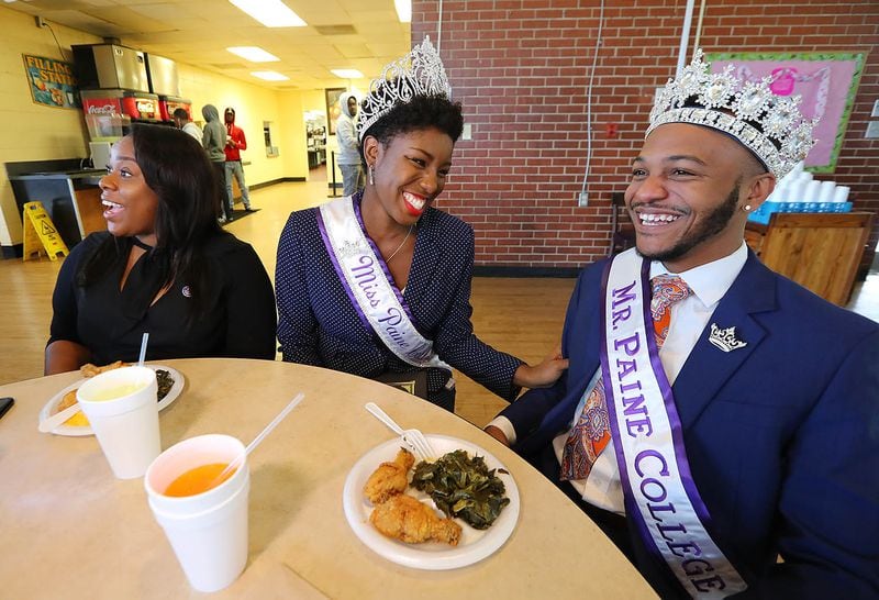 SGA President Sarah Avera, from left, Miss Paine College Mikel Andrews, and Mr. Paine College Terrance Rodgers share a laugh while having lunch in the cafeteria at Paine College on Wednesday, November 1, 2017, in Augusta. (Curtis Compton/ccompton@ajc.com)