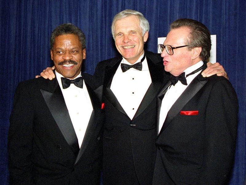 Ted Turner is joined by newsman Bernard Shaw left and talk show host Larry King right at a reception Saturday Jan 14 1995 in Beverly Hills Calif Turner was on hand to receive the 1995 Scopus Award by American Friends of the Hebrew University AP Photo Michael Tweed 
