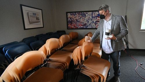March 19, 2021 Brookhaven - Brookhaven Mayor John Ernst shows chairs those have not been used since all meetings went virtual because of the pandemic in the meeting room at Brookhaven City Hall building in Brookhaven on Friday, March 19, 2021. (Hyosub Shin / Hyosub.Shin@ajc.com)