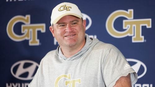 Georgia Tech head coach Brent Key reacts as he speaks to members of the media following their first day of spring football practice at Bobby Dodd Stadium, Monday, March 11, 2024, in Atlanta. (Jason Getz / jason.getz@ajc.com)