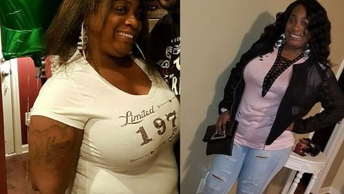 Tcee Donely’s weight in the photo on the left, taken in December 2016, was 256 pounds. In the photo on the right, taken this month, her weight was 189 pounds. Photos contributed by Tcee Donely.