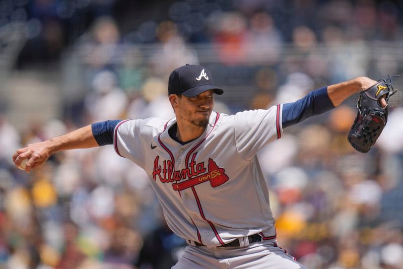 Atlanta Braves starting pitcher Charlie Morton works against a San Diego Padres batter during the first inning of a baseball game Wednesday, April 19, 2023, in San Diego. (AP Photo/Gregory Bull)
