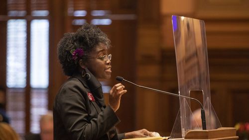 Rep. Jasmine Clark (D-Lilburn) expressed concerns about Tax Commissioner Tiffany Porter's plan to increase her salary in a Gwinnett County delegation meeting. (Alyssa Pointer / Alyssa.Pointer@ajc.com)