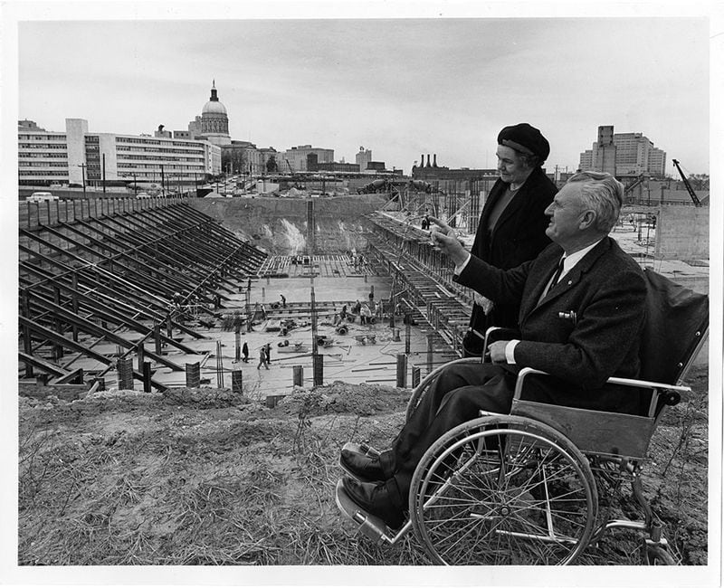 Mary Givens Bryan and then-Secretary of State Ben Fortson reviewing the construction of the Georgia Archives building, ca. 1963.  This photo was originally published in the Atlanta Journal. GEORGIA ARCHIVES