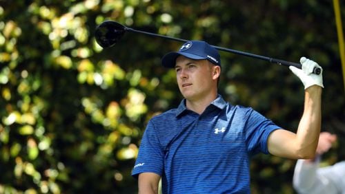 Jordan Spieth reacts to his shot from the second tee at Augusta National Golf Club. Spieth began Round 3 at par, but fired a 4-under 68 on Saturday to be within striking distance of the Masters lead going into the final round. (Curtis Compton/ccompton@ajc.com)