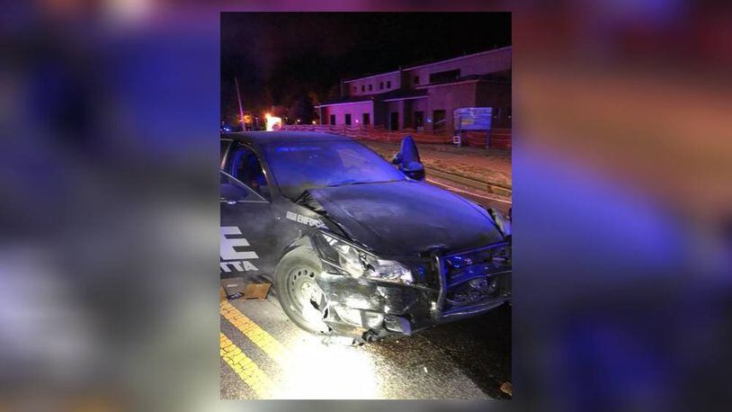 An Alpharetta police car was damaged in a crash.