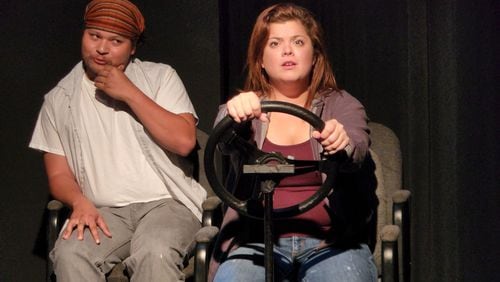Everett (Matthew Ferro) and Rina (Hannah Morris) in "The Outrage Machine," a 2020 Essential Theatre Playwriting Award winner that opens the 2022 Essential Theatre Play Festival at West End Performing Arts Center.