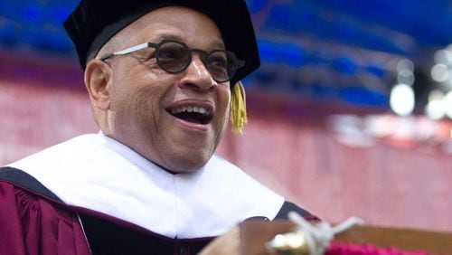 Morehouse College president David A. Thomas talks during the 134th commencement exercises at the college in Atlanta on Sunday, May 20, 2018. STEVE SCHAEFER / SPECIAL TO THE AJC