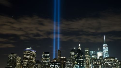 The 'Tribute in Light' rises from the Lower Manhattan skyline on Sept. 7, 2016.