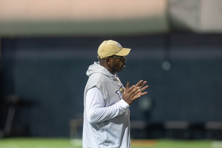 Assistant head coach David Turner coaches during the first day of spring practice for Georgia Tech football at Alexander Rose Bowl Field in Atlanta, GA., on Thursday, February 24, 2022. (Photo Jenn Finch)