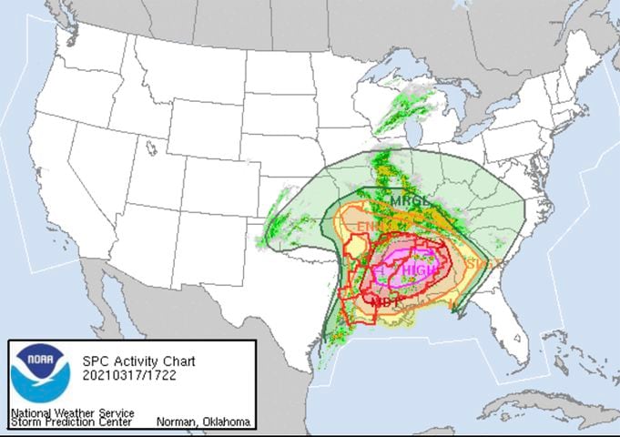 The National Weather Service warned of a high risk of severe thunderstorms across parts of Alabama, Mississippi and far northeastern Louisiana. (NOAA/National Weather Service via The New York Times)
