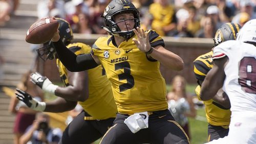 Missouri quarterback Drew Lock throws a pass during the third quarter of an NCAA college football game against Missouri State Saturday, Sept. 2, 2017, in Columbia, Mo. Missouri won 72-43.  (AP Photo/L.G. Patterson)