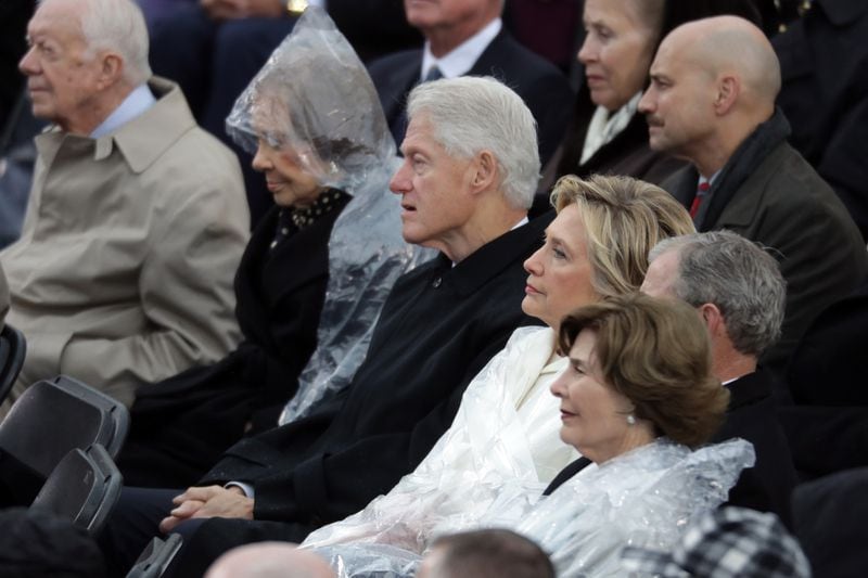 WASHINGTON, DC - JANUARY 20:  (L-R) Former President Jimmy Carter, former first lady Rosalynn Carter, former President Bill Clinton, former Democratic presidential nominee Hillary Clinton, former President George W. Bush and former first lady Laura Bush watch President Donald Trump's inaugural address on the West Front of the U.S. Capitol on January 20, 2017 in Washington, DC.(Photo by Chip Somodevilla/Getty Images)