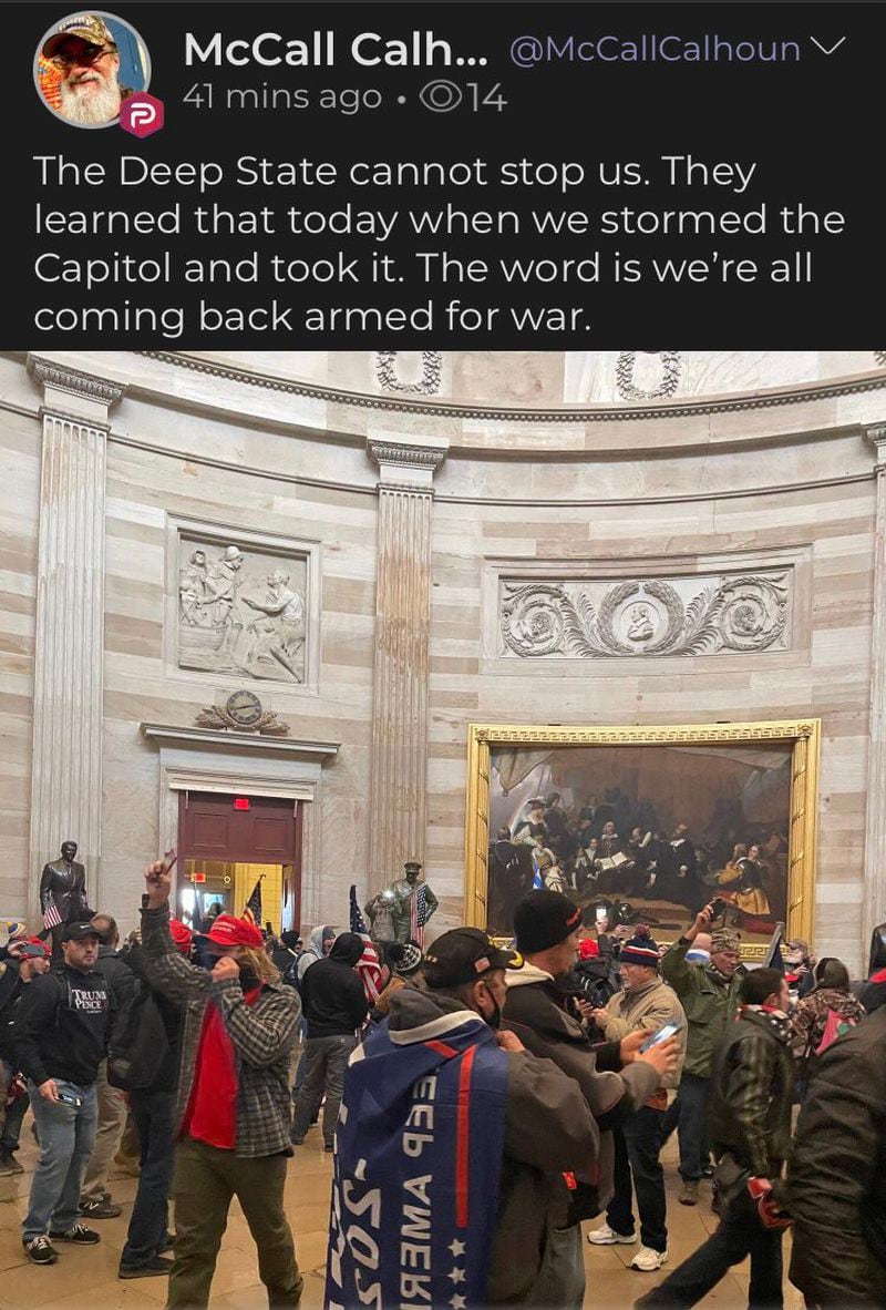 Americus attorney McCall Calhoun posted of photo of a pro-Trump mob in the Capitol rotunda with the warning "we're all coming back armed for war."