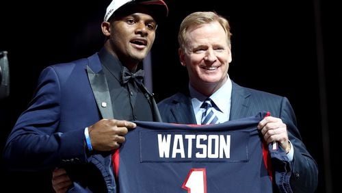 PHILADELPHIA, PA - APRIL 27: (L-R) Deshaun Watson of Clemson poses with Commissioner of the National Football League Roger Goodell after being picked #12 overall by the Houston Texans during the first round of the 2017 NFL Draft at the Philadelphia Museum of Art on April 27, 2017 in Philadelphia, Pennsylvania. (Photo by Elsa/Getty Images)
