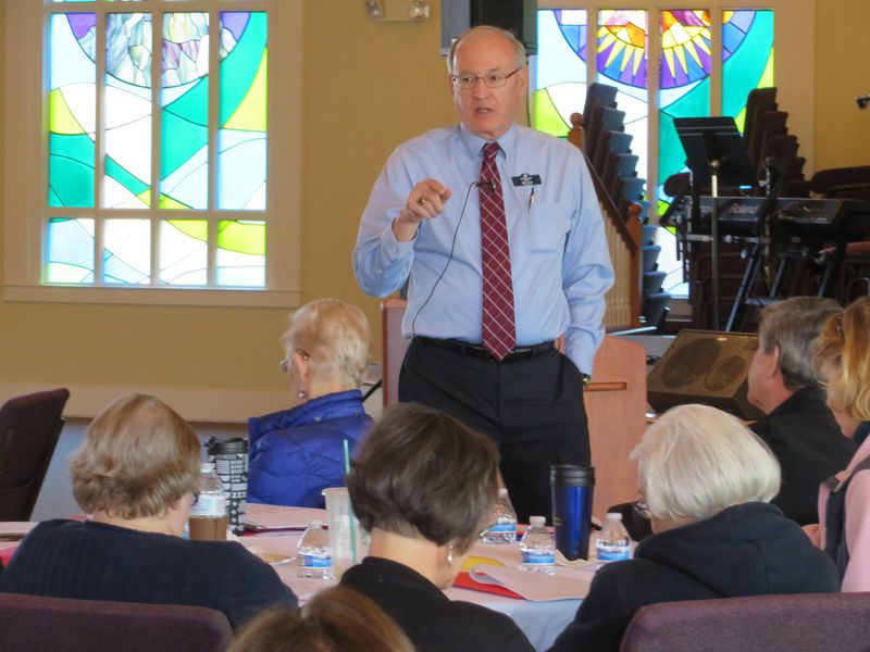 Chaplain Hal Cole talks to the ministers, clergy and church leaders attending a dementia education workshop on Thursday, March 15, at Due West United Methodist Church in Marietta. PHOTO CREDIT: Laura Berrios