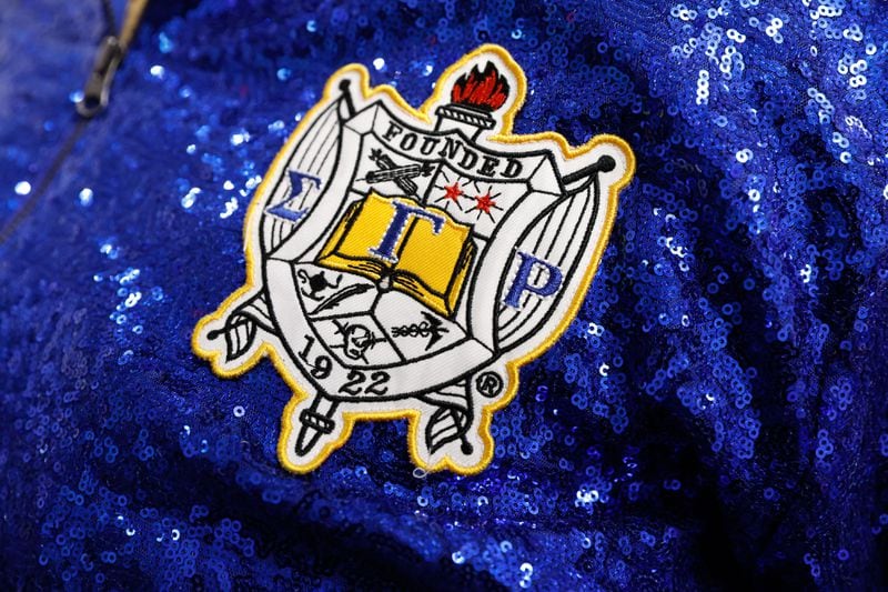 Views of the Sigma Gamma Rho Sorority Inc. crest on the jacket of a member shown on Friday, March 22, 2024 at Morris Brown College. The sorority will be the first on campus in more than 20 years. (Natrice Miller/ Natrice.miller@ajc.com)