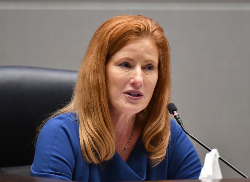 Commissioner Liz Hausmann during a commissioner meeting at the Fulton County government building in Atlanta on Wednesday, July 14, 2021. (Hyosub Shin / Hyosub.Shin@ajc.com)