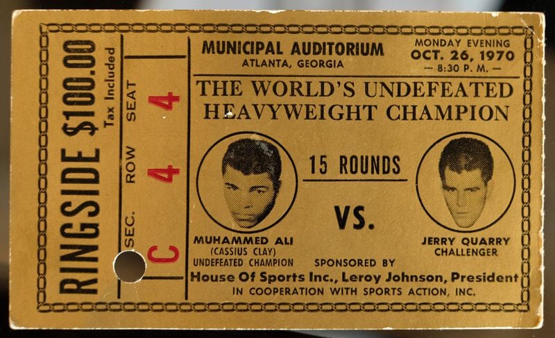 Former state Sen. Leroy Johnson’s ticket to the Muhammad Ali vs. Jerry Quarry fight in 1970. Johnson used his political contacts to smooth the way for Ali to fight in Atlanta for his first fight after denouncing the Vietnam War. BEN GRAY/AJC file