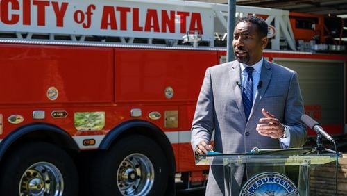 Mayor Andre Dickens speaks in front of Atlanta Fire and Rescue Station 26 on Howell Mill Road NW in Atlanta on Monday, May 16, 2022.  (Arvin Temkar / arvin.temkar@ajc.com)
