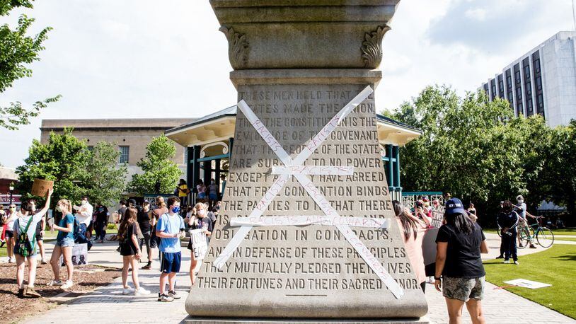 Protests continue June 3 in Decatur where large groups gathered, marched around Decatur Square and settled on the plaza. JENNI GIRTMAN FOR THE ATLANTA JOURNAL-CONSTITUTION