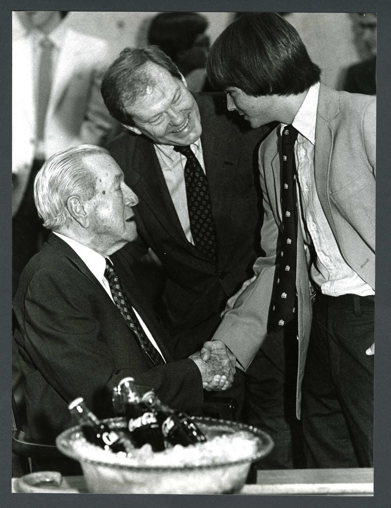 Robert W. Woodruff (from left), Emory University President James T. Laney, and Woodruff Scholar Shef Rogers, 1981. 