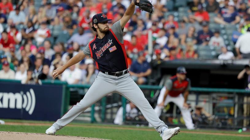 Ian Anderson, of the Atlanta Braves, throws during the first inning of the MLB All-Star Futures baseball game, Sunday, July 7, 2019, in Cleveland. The MLB baseball All-Star Game is to be played Tuesday. (AP Photo/Darron Cummings)
