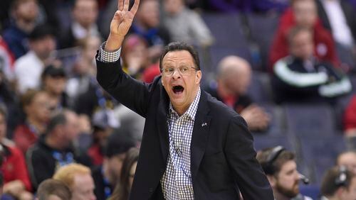 Indiana coach Tom Crean signals during the second half of the team's NCAA college basketball game against Wisconsin in the Big Ten tournament, Friday, March 10, 2017, in Washington. Wisconsin won 70-60. (AP Photo/Nick Wass)
