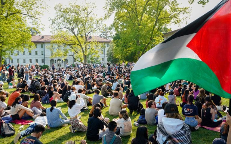 Protesters gathered for a second day of pro-Palestine demonstrations on the Emory University quad.