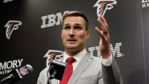 Atlanta Falcons quarterback Kirk Cousins answers questions during his introductory press conference at the Falcons practice facility in Flowery Branch on Wednesday, March 13, 2024. (Miguel Martinez/miguel.martinezjimenez@ajc.com)