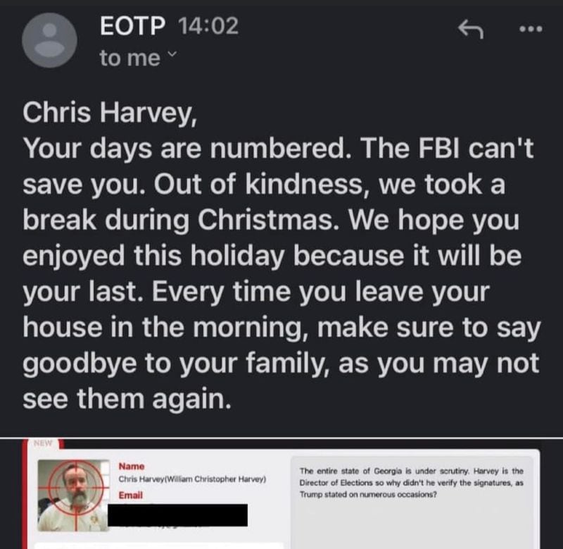 Last month, a threat to Chris Harvey, the state's elections director, was posted on the "Dark Web" and sent to him. The photo of his home has been removed.
