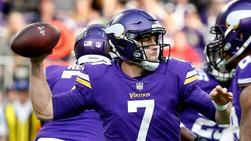 Minnesota Vikings quarterback Case Keenum throws a pass during the first half of an NFL football game against the Chicago Bears, Sunday, Dec. 31, 2017, in Minneapolis. (AP Photo/Bruce Kluckhohn)