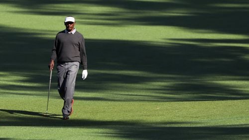 Vijay Singh walks along the second fairway during the first round of the Masters Tournament Thursday, April 5, 2018, at Augusta National Golf Club.