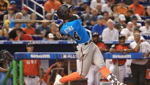 Top Braves prospect Ronald Acuna played for the World Team in the All-Star Futures Game on Sunday at Miami’s Marlins Park. (Photo by Mike Ehrmann/Getty Images)
