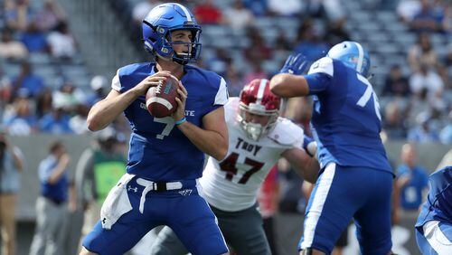 October 21, 2017 - Atlanta, Ga: Georgia State Panthers quarterback Conner Manning (7) attempts a pass in the second quarter of their game against the Troy Trojans at GSU Stadium Saturday, October 21, 2017, in Atlanta.. PHOTO / JASON GETZ