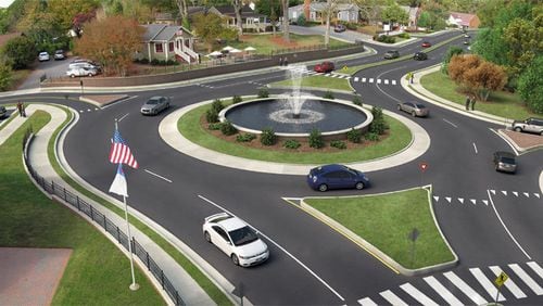 Artist’s rendering depicts a multi-lane roundabout that is part of Roswell’s Historic Gateway plan for Atlanta Street (Ga. 9). CITY OF ROSWELL