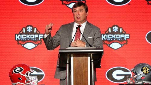 Georgia coach Kirby Smart holds his news conference at the Hyatt Regency Birmingham-Wynfrey Hotel during SEC Media Days on Tuesday, July 16, 2019. Curtis Compton/ccompton@ajc.com