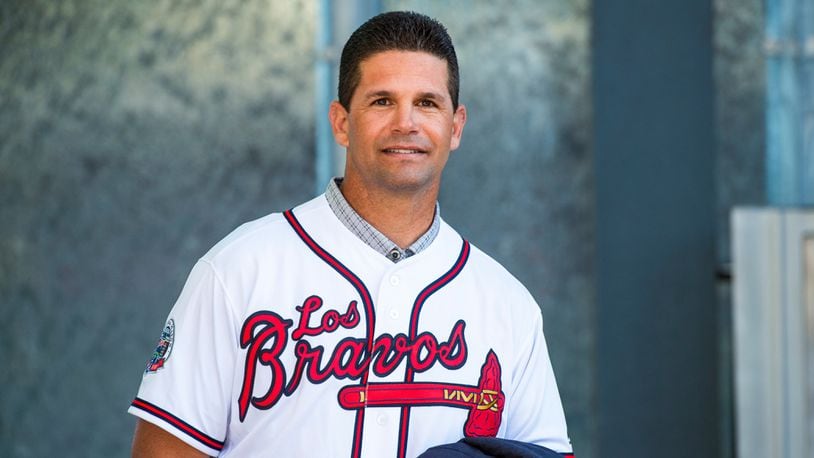 Former Braves catcher Javy Lopez helps introduce the Braves' "Los Bravos" jerseys and merchandise at SunTrust Park.