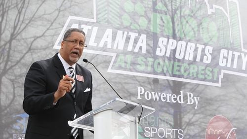 Jason Lary, then a candidate for Stonecrest mayor, speaks to the crowd at the unveiling of the Atlanta Sports City site on Feb. 22, 2017. HENRY TAYLOR / HENRY.TAYLOR@AJC.COM