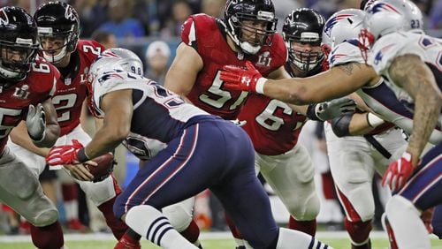 FEBRUARY 5, 2017 HOUSTON TX - Falcons center Alex Mack (51) was playing with a fractured leg. The Atlanta Falcons lost to the New England Patriots in overtime, 34-28, in Super Bowl LI at NRG Stadium in Houston, TX, Sunday, February 5, 2017. Bob Andres/AJC